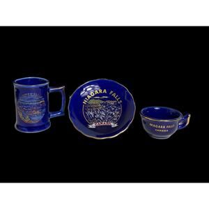 Cobalt Blue and Gold Niagara Falls Canada Mini Souvenir Ceramics Set of 3 VTG